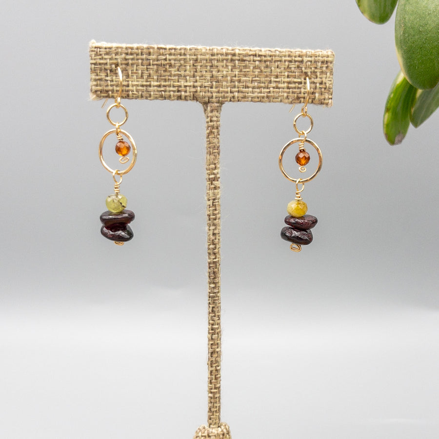 Garnet, green garnet, and hessonite gold filled dangle earrings