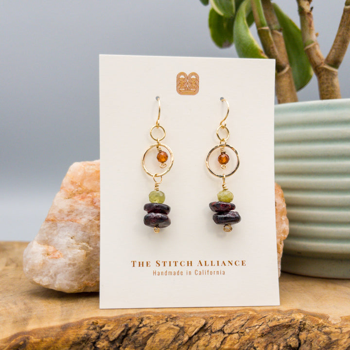 handmade Garnet, green garnet, and hessonite gold filled dangle earrings