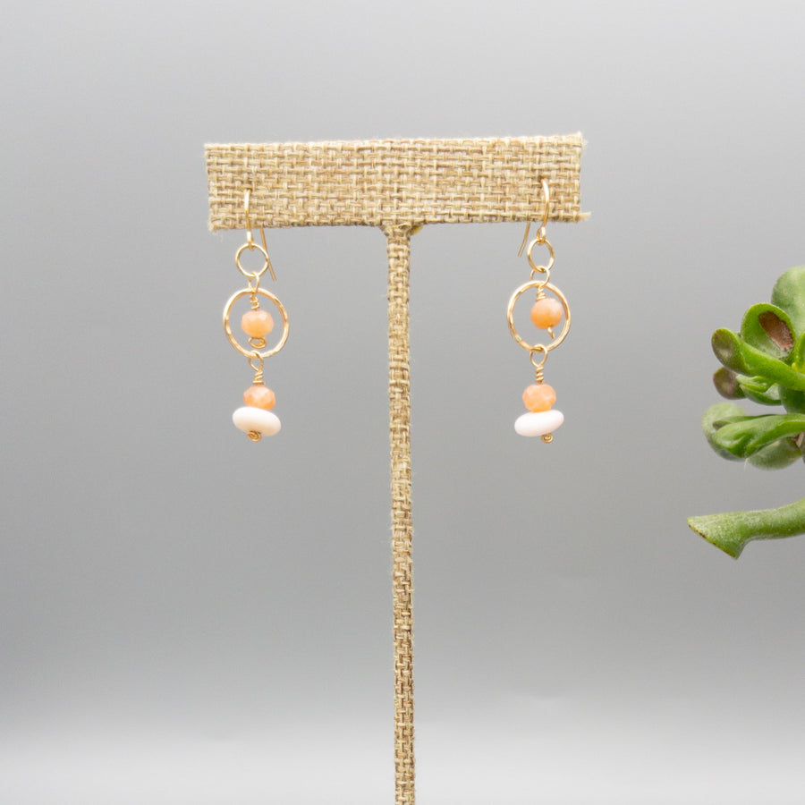 Gold fill, peach moonstone, and queen conch shell handmade earrings