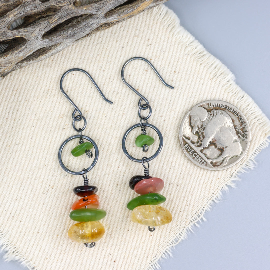 Fernanda Earrings / Citrine, Jade, Agate, Garnet / Oxidized Sterling