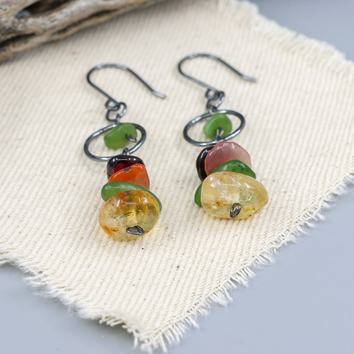 Fernanda Earrings / Citrine, Jade, Agate, Garnet / Oxidized Sterling
