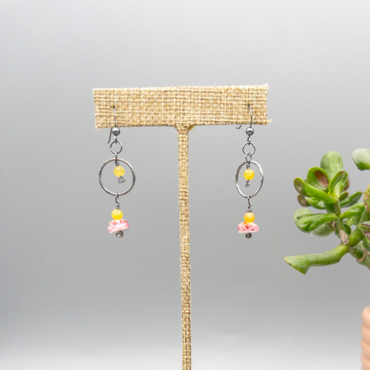 Spiny oyster, yellow opal, and oxidized sterling silver handmade earrings