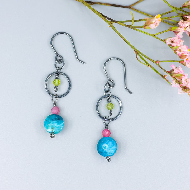 handmade gemstone and oxidized sterling silver earrings with apatite, pink tourmaline, and peridot