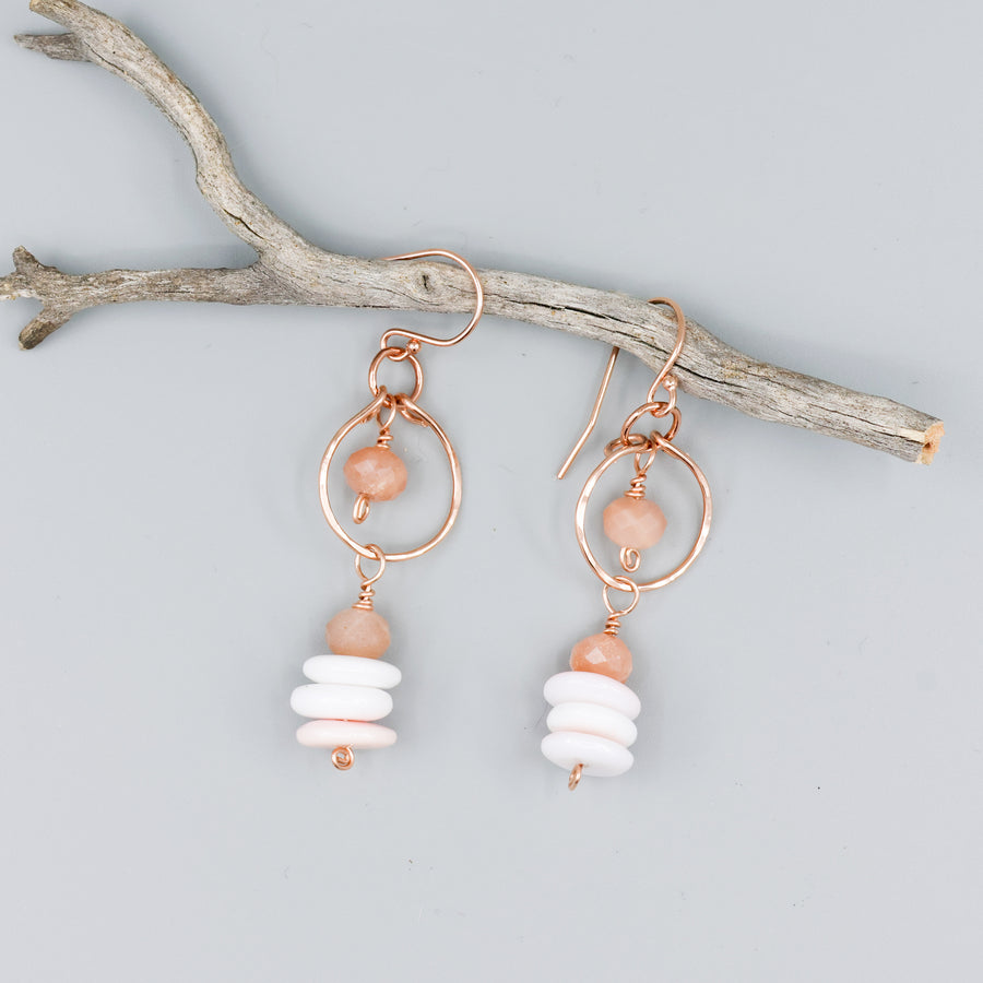 handmade queen conch and peach moonstone rose gold dangle earrings