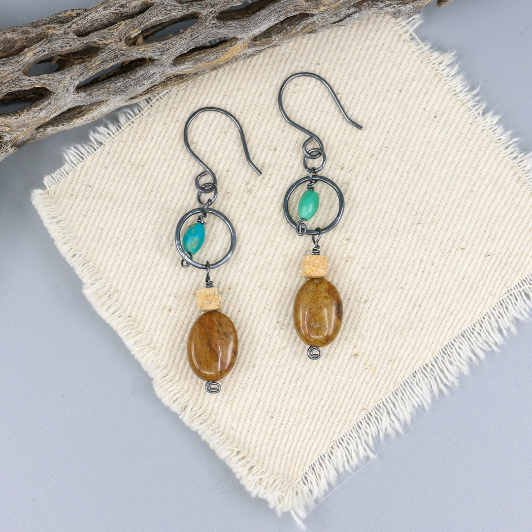 Jasper and turquoise oxidized sterling silver dangle earrings