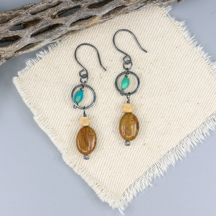 Jasper and turquoise oxidized sterling silver dangle earrings