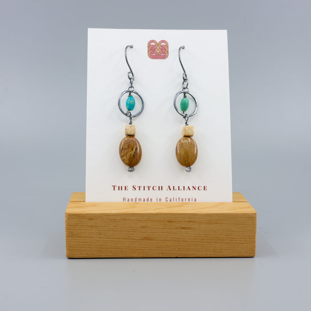 handmade Jasper and turquoise oxidized sterling silver dangle earrings