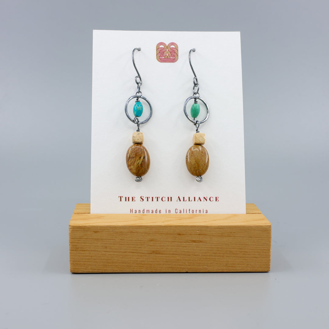 handmade Jasper and turquoise oxidized sterling silver dangle earrings