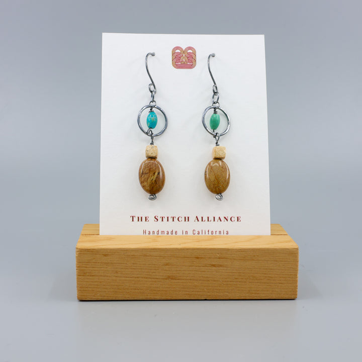 handmade Jasper and turquoise oxidized sterling silver dangle earrings