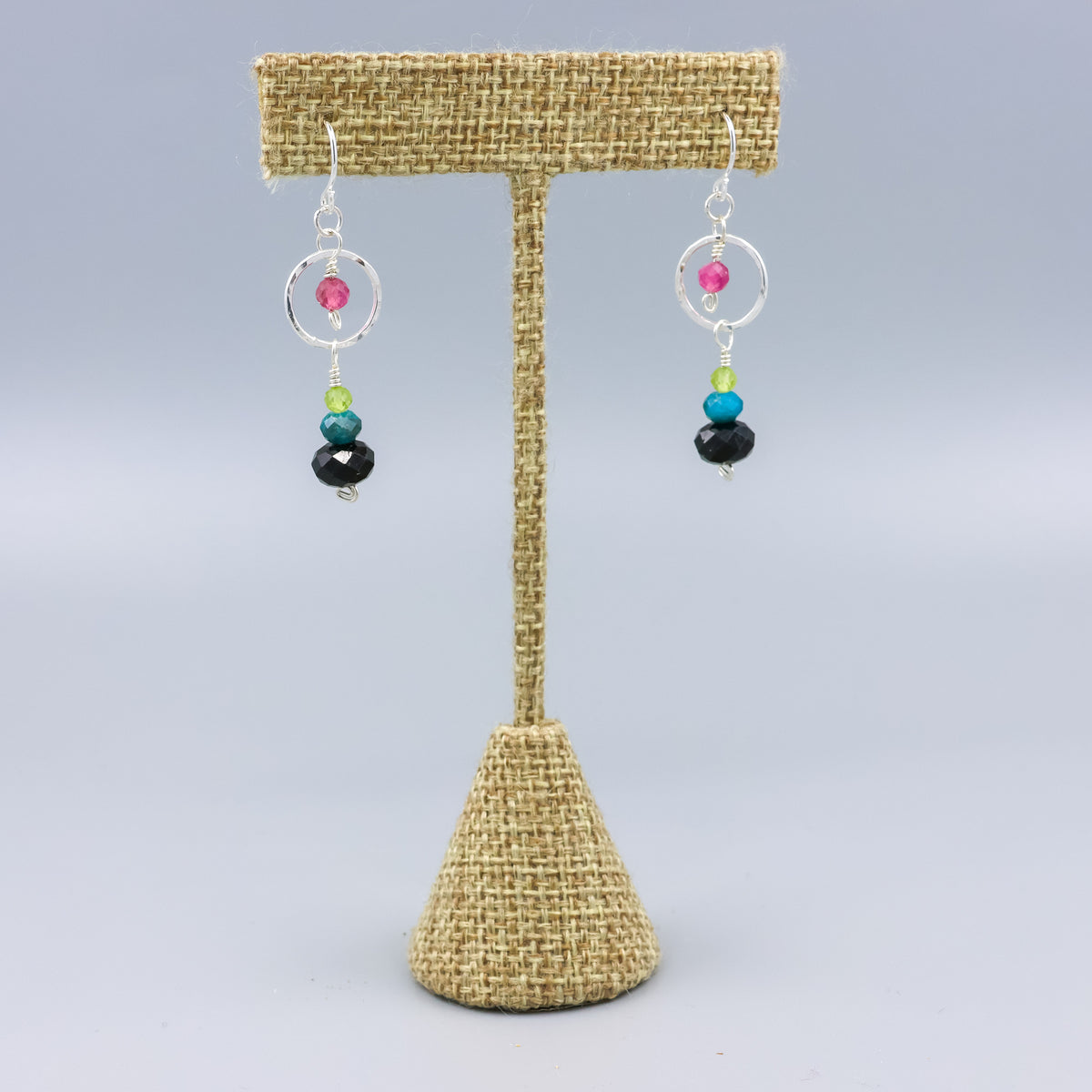 handmade gemstone and sterling silver dangle earrings with black tourmaline, blue apatite, peridot, and pink tourmaline