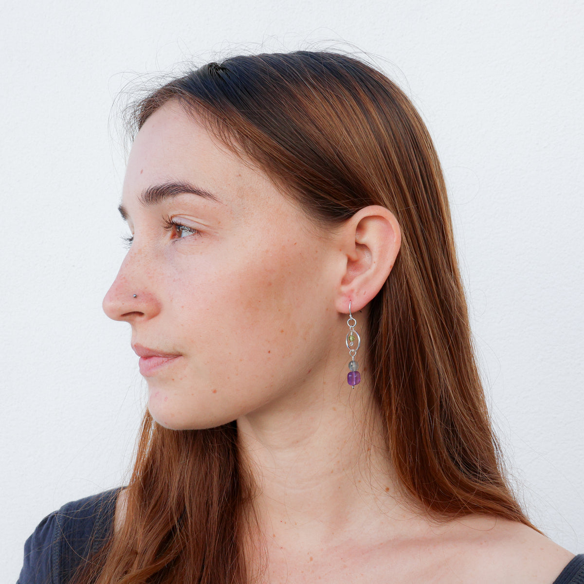 Handmade amethyst, labradorite, and peridot earrings