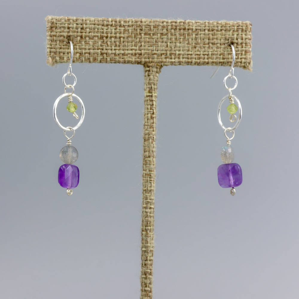handmade amethyst, labradorite, and peridot sterlign silver earrings