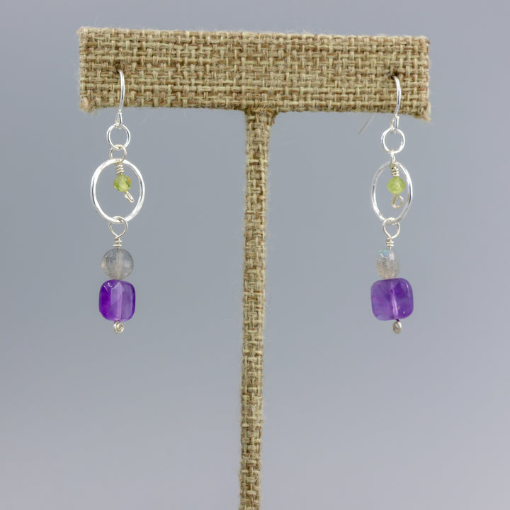 handmade amethyst, labradorite, and peridot sterlign silver earrings