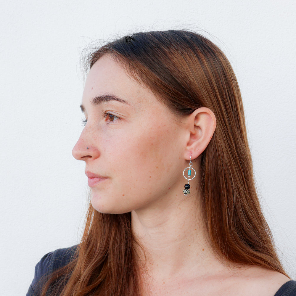 handmade sterling silver, turquoise, dalmation jasper, and black spinel earrings