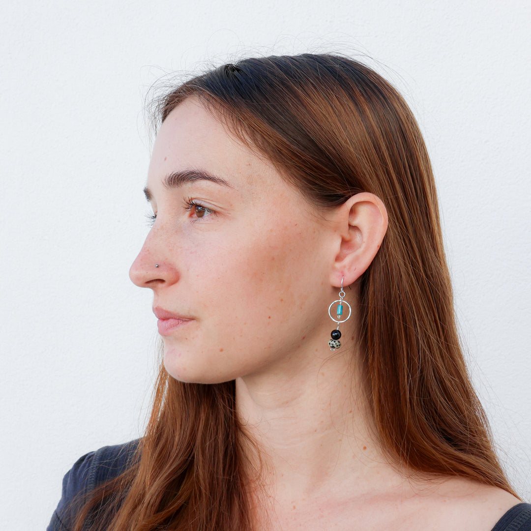 handmade sterling silver, turquoise, dalmation jasper, and black spinel earrings