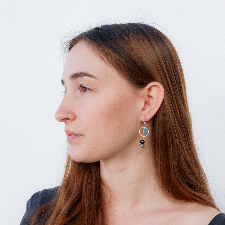 handmade sterling silver, turquoise, dalmation jasper, and black spinel earrings