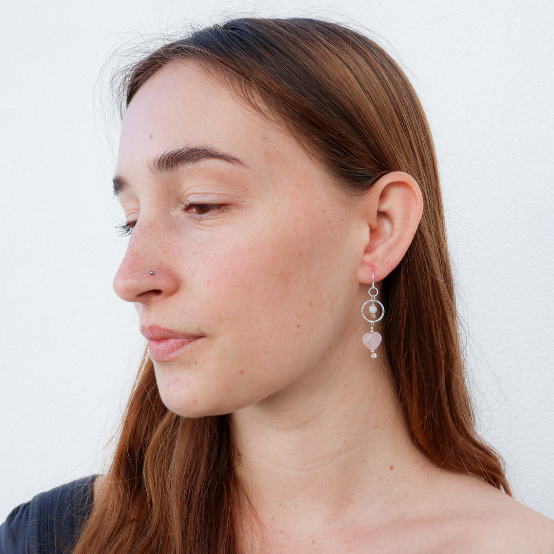 handmade rose quartz heart and moonstone sterling silver earrings