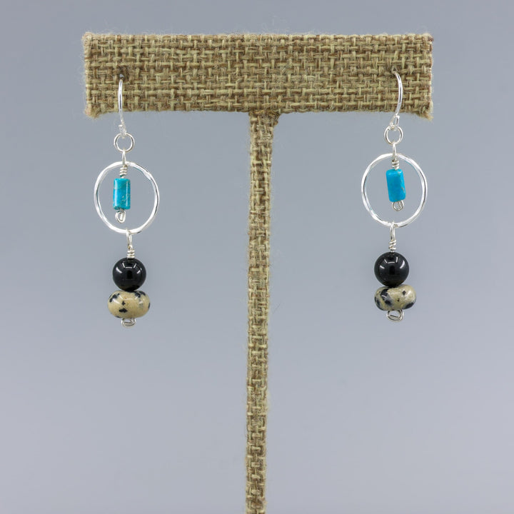 handmade dalmation jasper, spinel, and turquoise sterling silver dangel earrings