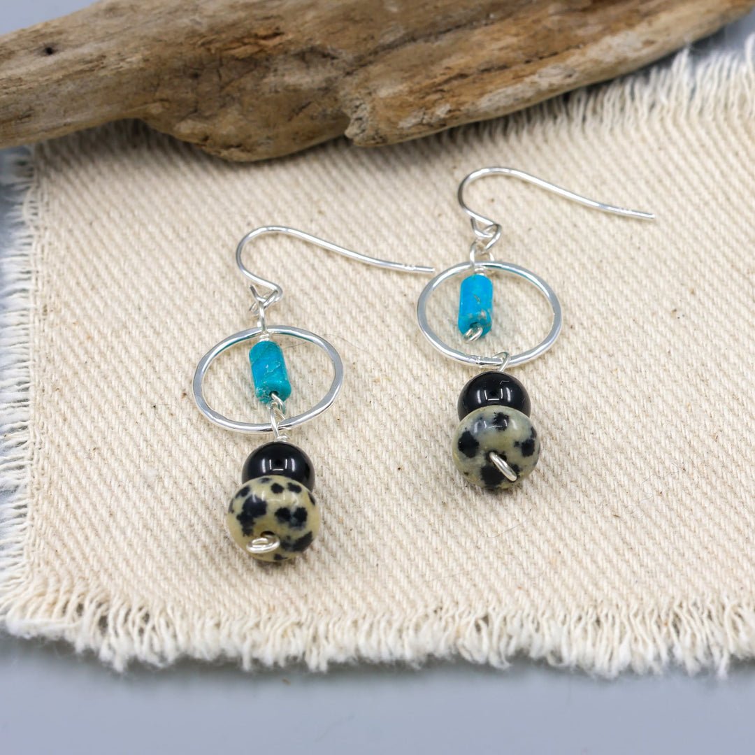 handmade dalmation jasper, spinel, and turquoise sterling silver dangel earrings detail view