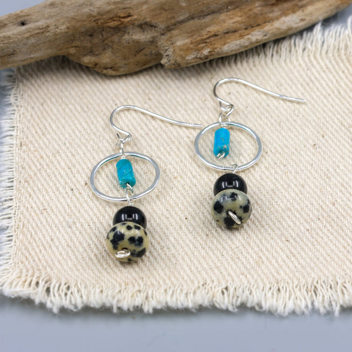 handmade dalmation jasper, spinel, and turquoise sterling silver dangel earrings detail view
