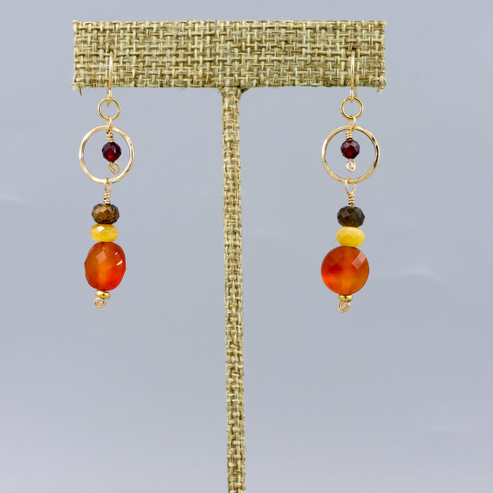 carnelian, golden tiger's eye, and garnet gold filled handmade dangle earrings