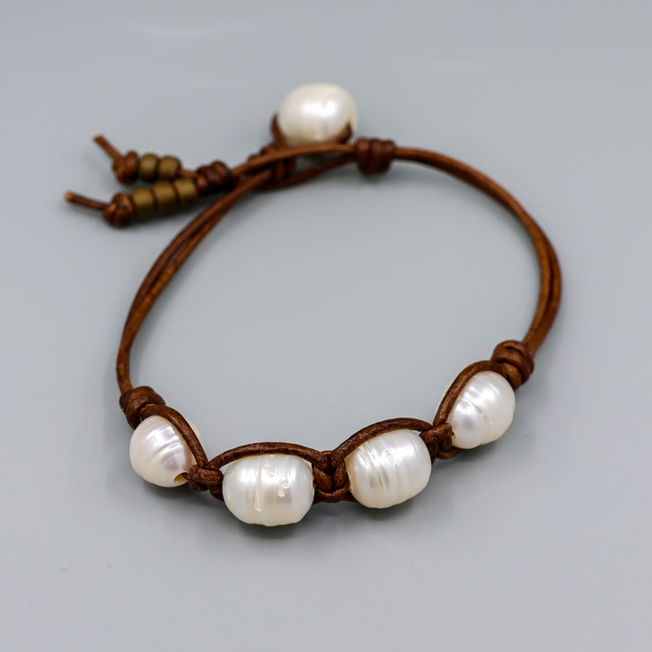 freshwater pearl and leather knotted bracelet