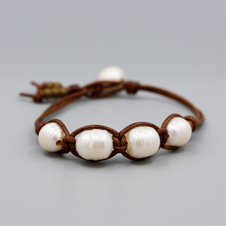 freshwater pearl and leather knotted bracelet close up view