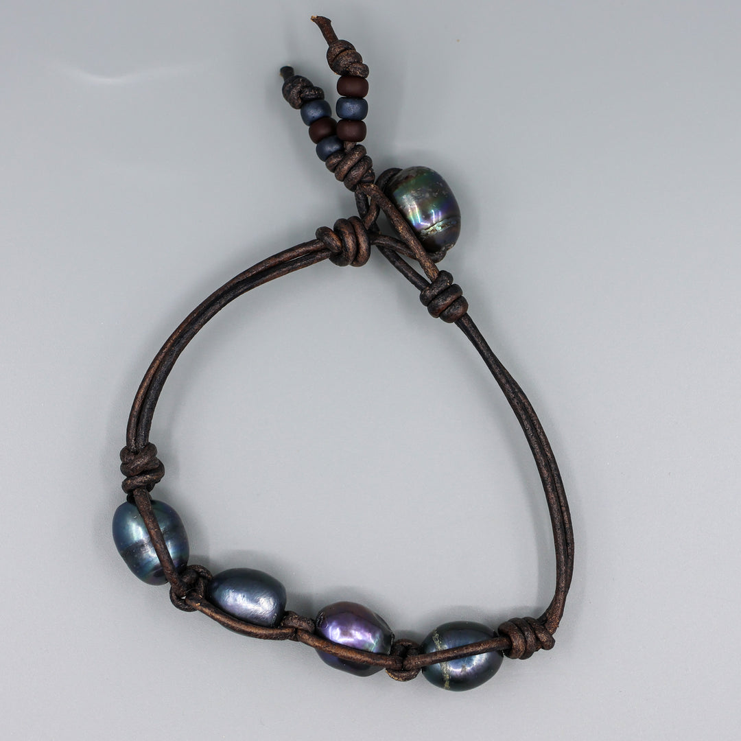 handmade freshwater peacock pearl and black leather bracelet