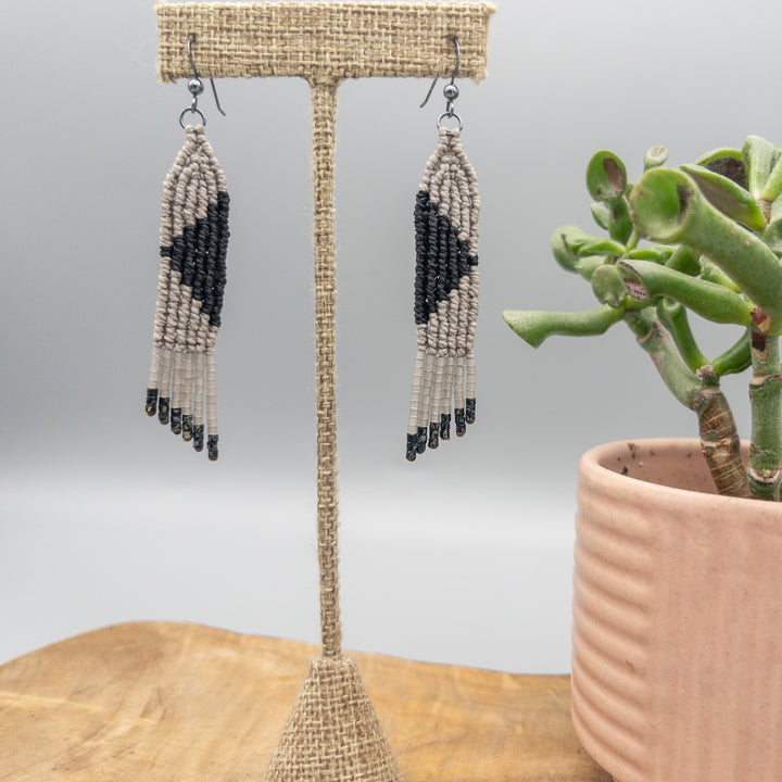 handmade macrame earrings in gray and black with oxidized sterling silver earring wires