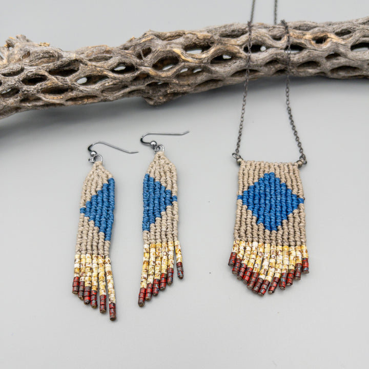 Handwoven four elements macrame necklace in blue and tan with tan and red seed bead fringe with matching earrings