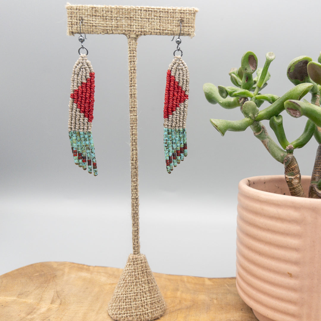 red, tan, and turquoise four elements macrame earrings with seed bead fringe