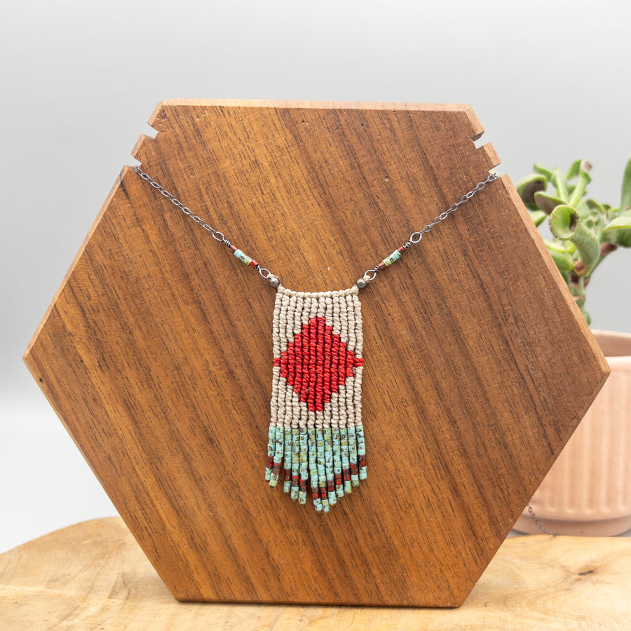 red, tan, and turquoise four elements macrame necklace with seed bead fringe