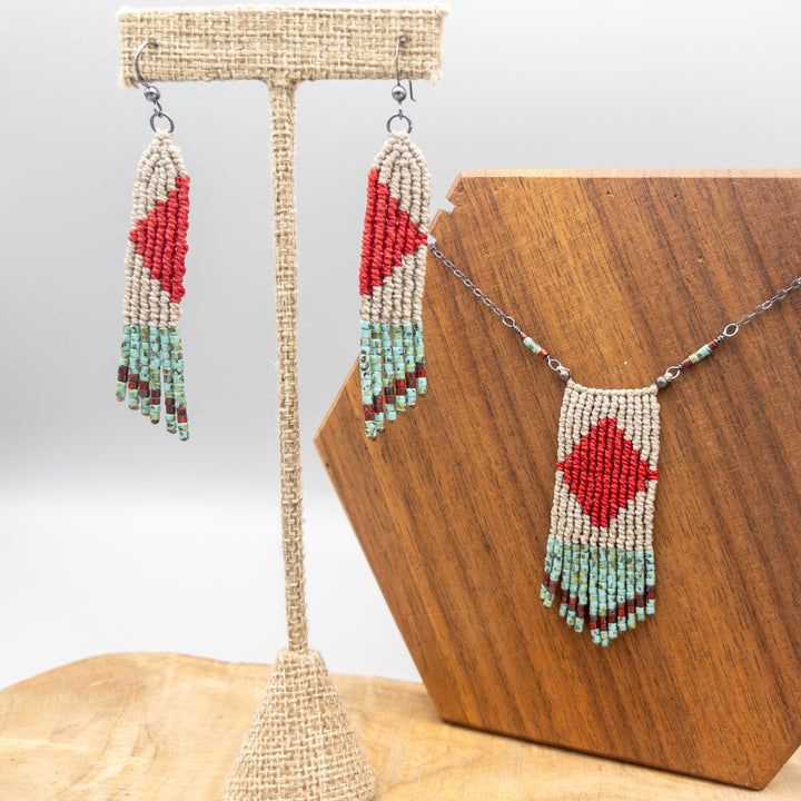 red, tan, and turquoise four elements macrame earrings with seed bead fringe shown with necklace