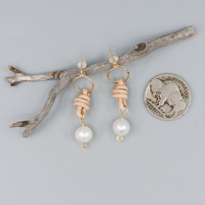 freshwater pearl leather 14k gold fill handmade earrings with a coin for comparison