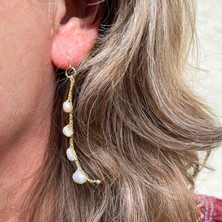 freshwater pearl dangle earrings, 14k gold filled earring wires shown on model