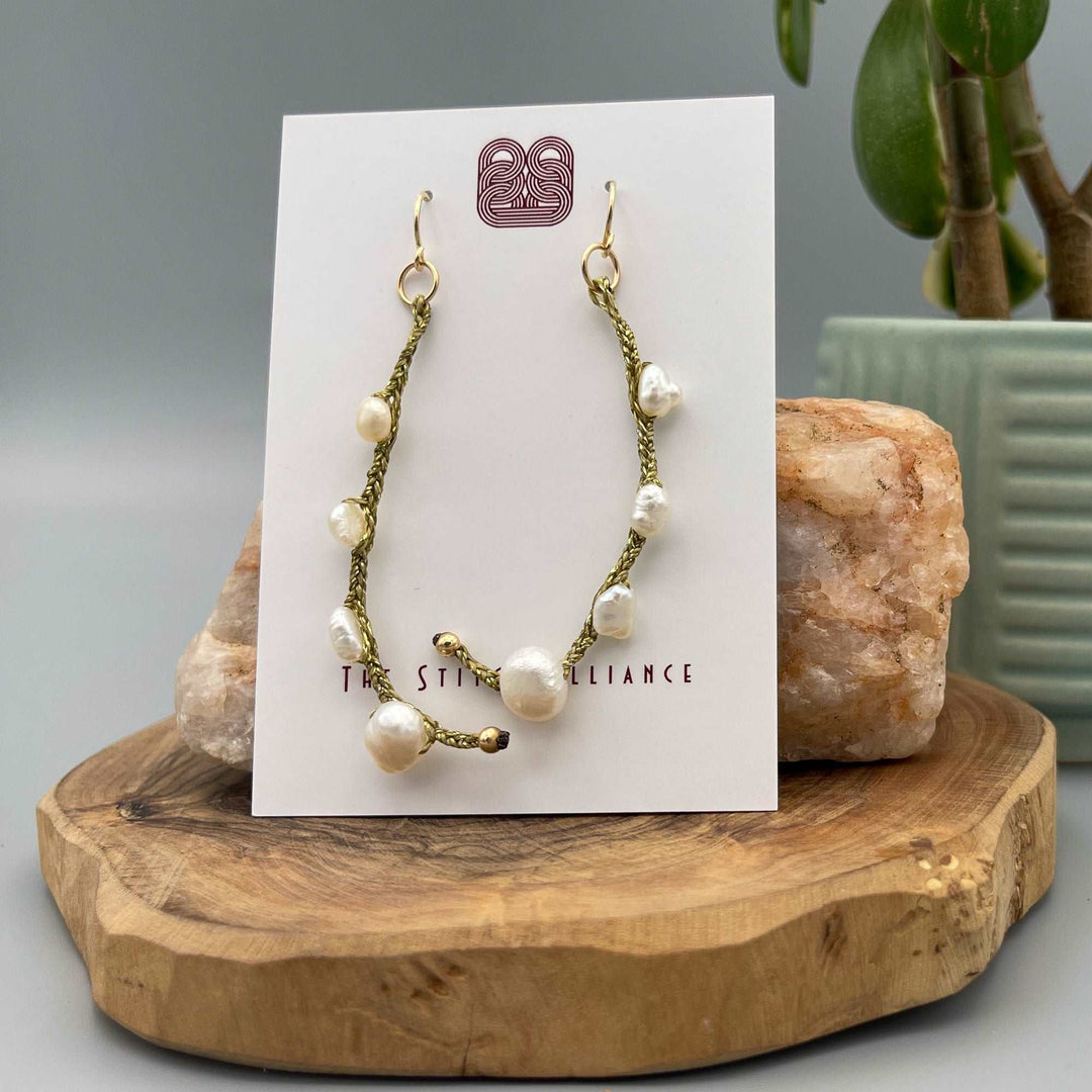 freshwater pearl dangle earrings, 14k gold filled earring wires shown on white card