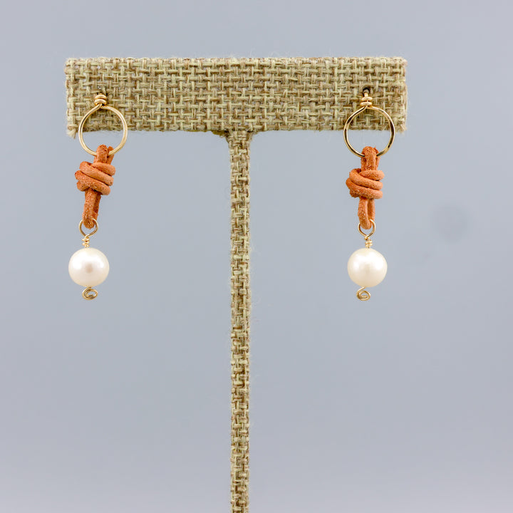 handmade freshwater pearl, leather, and gold earrings