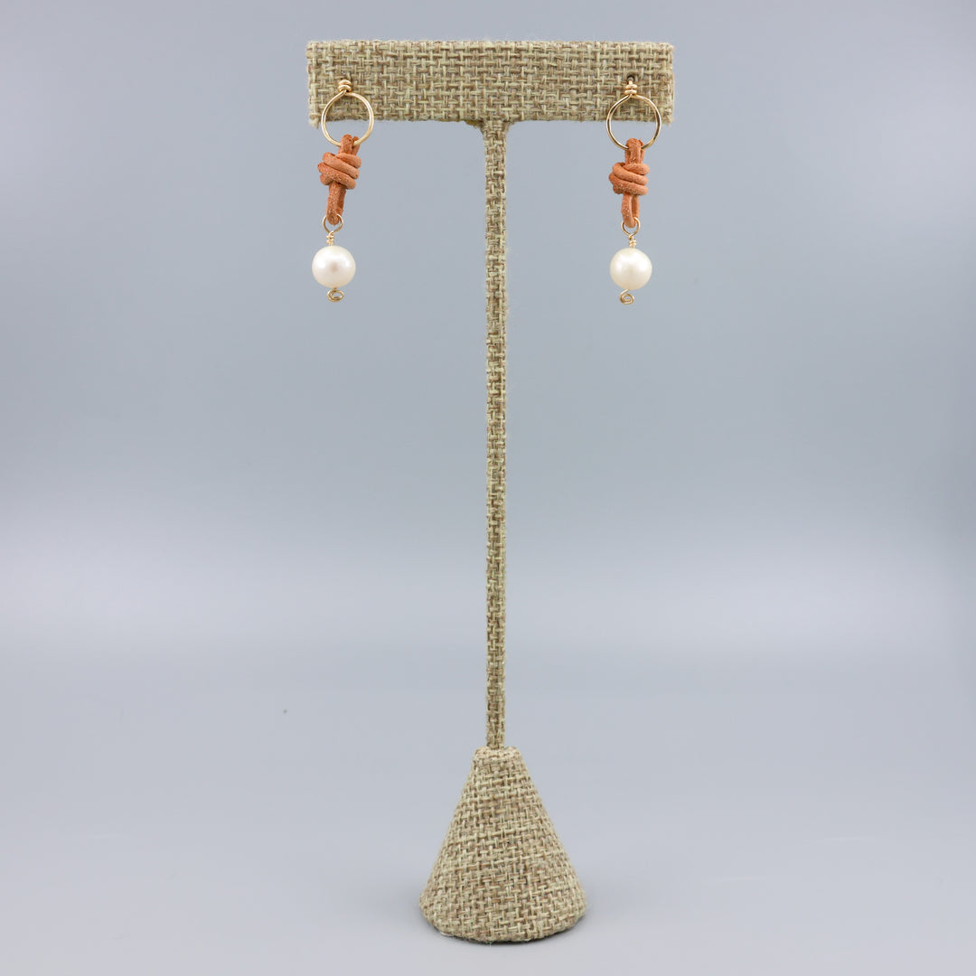 Freshwater Pearl & Leather Drop Earrings / 14k Gold Fill / Natural