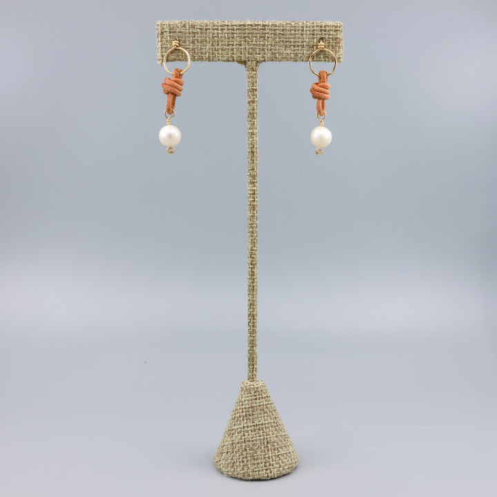 Freshwater Pearl & Leather Drop Earrings / 14k Gold Fill / Natural