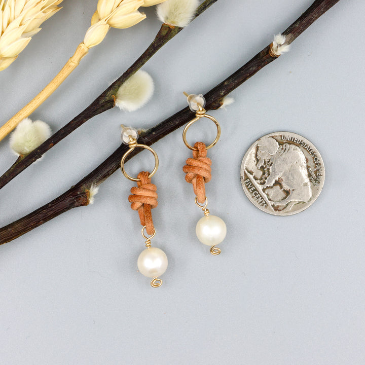 Freshwater Pearl & Leather Drop Earrings / 14k Gold Fill / Natural