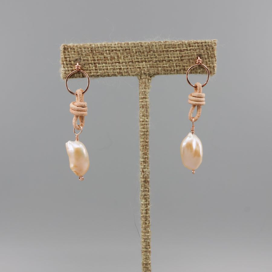 peach freshwater pearl rose gold and leather earrings