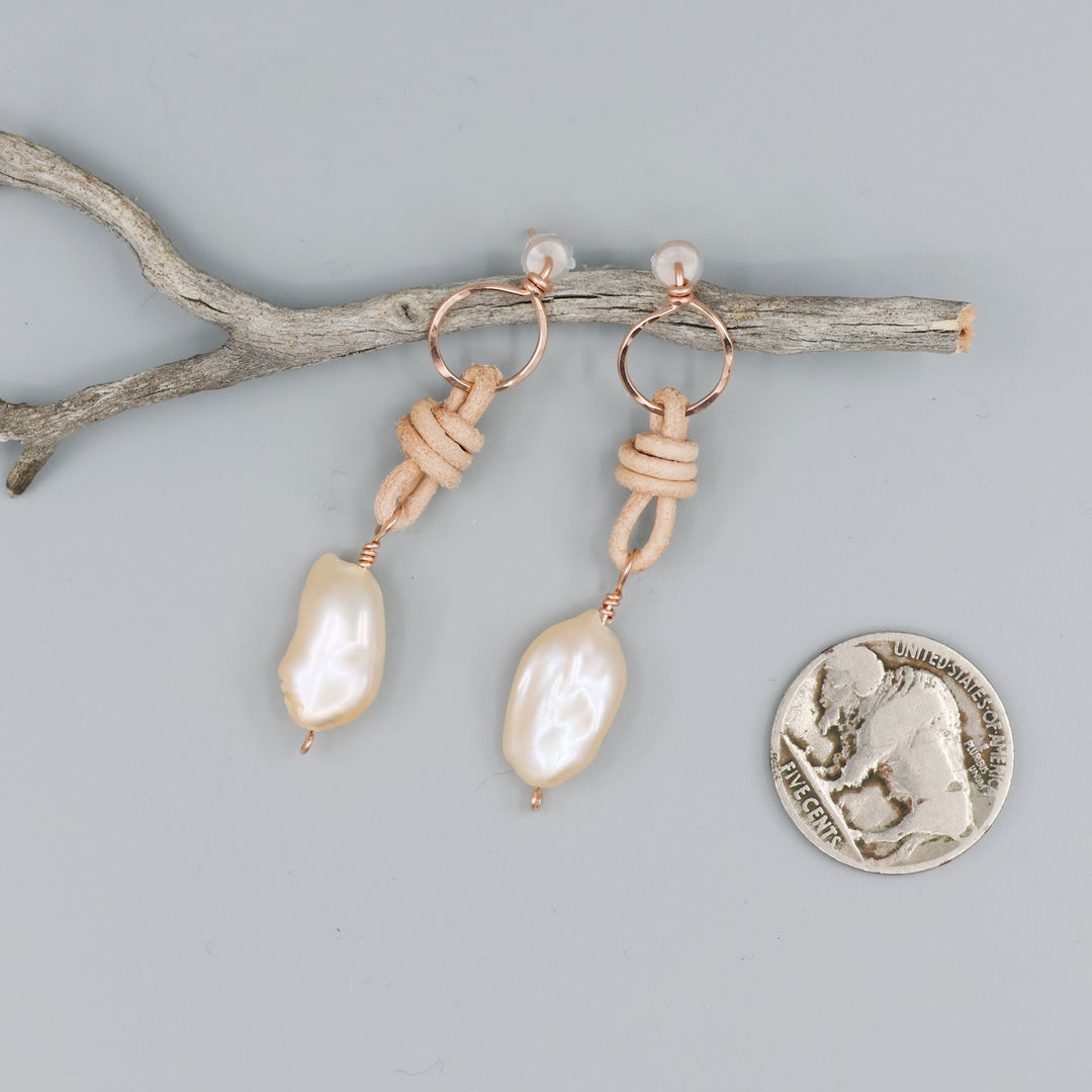 peach freshwater pearl rose gold and leather earrings with coin for size comparison