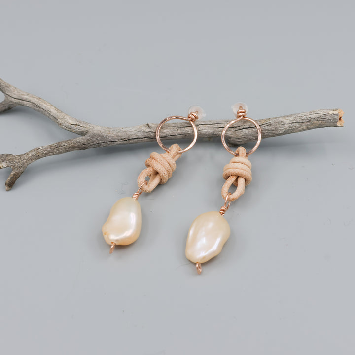 Freshwater Pearl & Leather Drop Earrings / Rose Gold