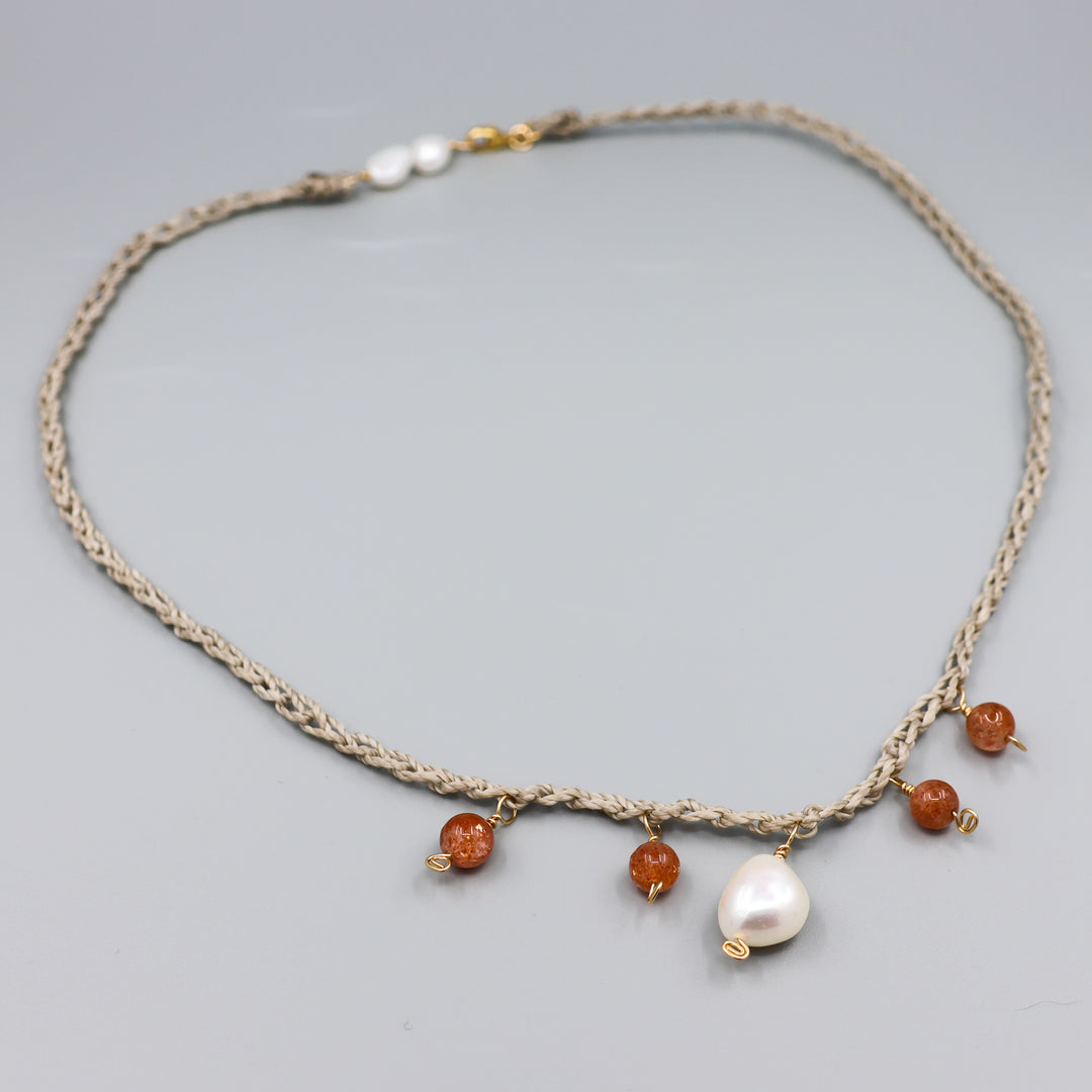 Crochet Freshwater pearl and sunstone charm necklace