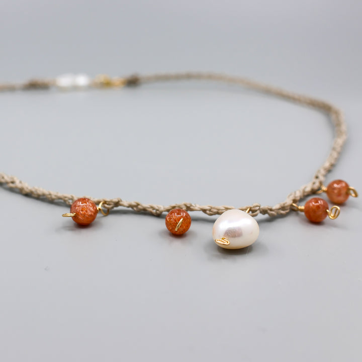 Handmade Freshwater pearl and sunstone charm necklace