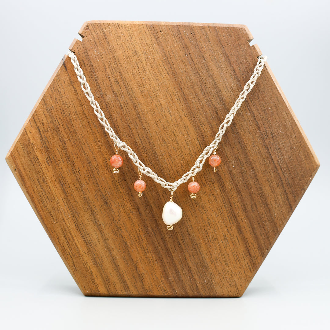 Freshwater pearl and sunstone charm necklace