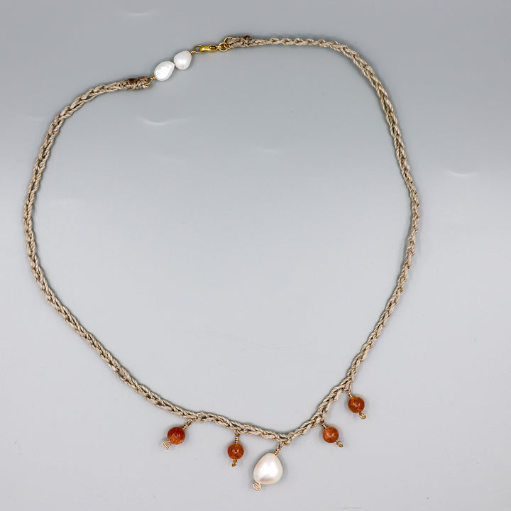 Freshwater pearl and sunstone charm necklace gold fill