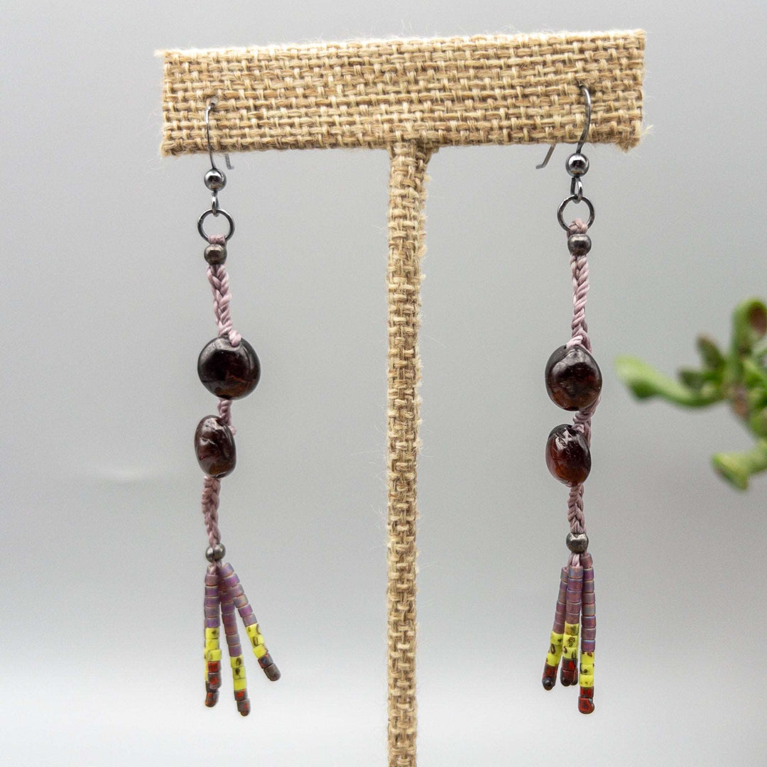 garnet dangle earrings with seed bead fringe