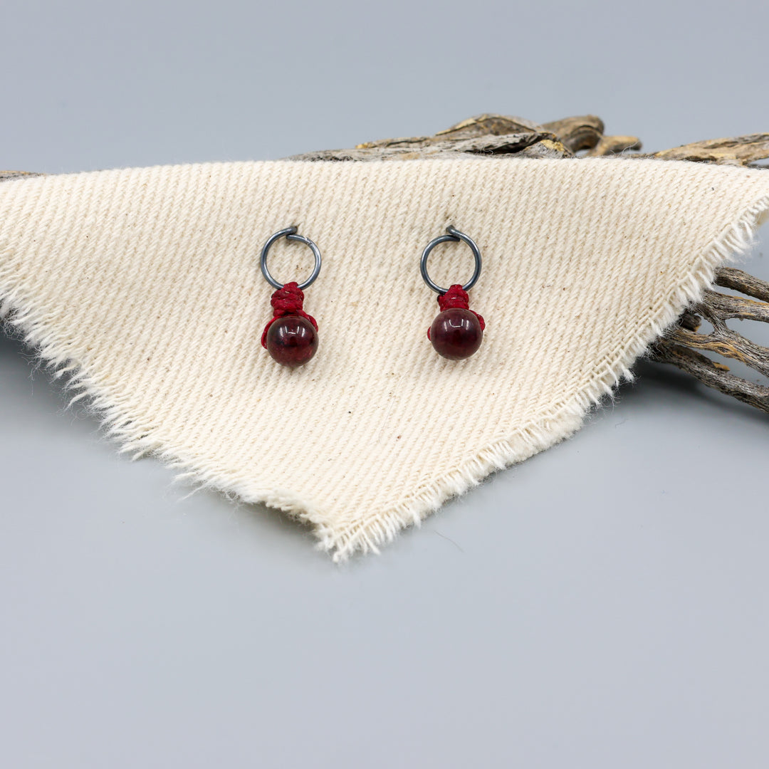garnet mini dangle earrings oxidized sterling silver handmade