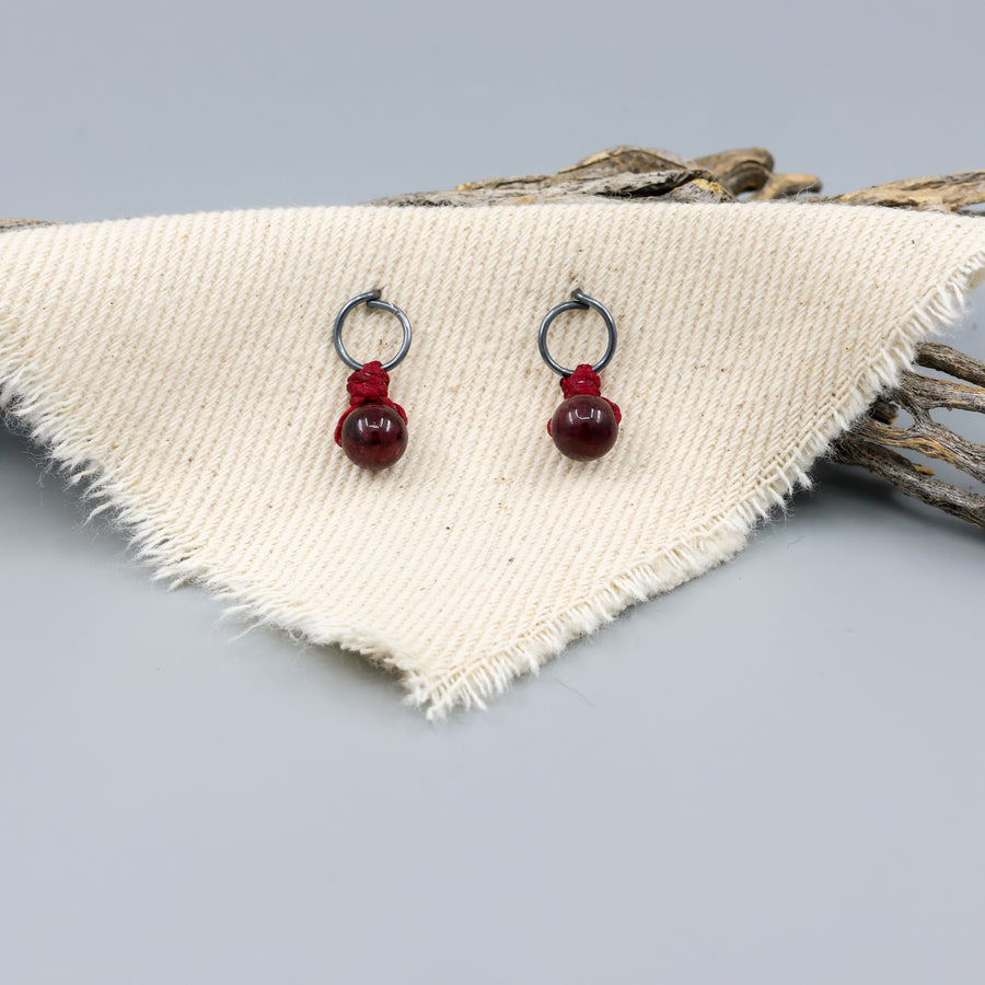 garnet mini dangle earrings oxidized sterling silver handmade